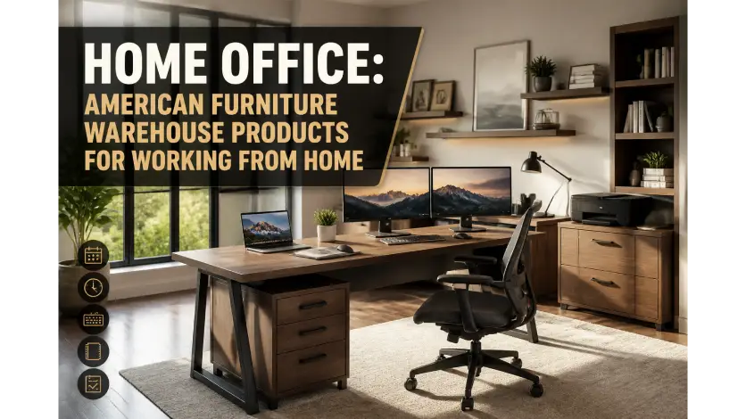 American furniture warehouse products for home offices with desks, ergonomic chairs, and workspace furniture