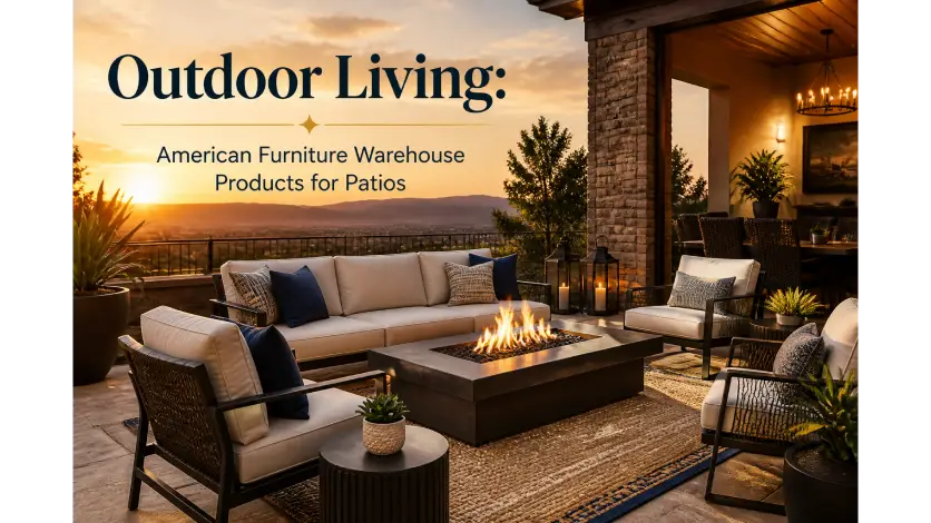 American furniture warehouse products for outdoor patios featuring seating, dining sets, and fire pit furniture