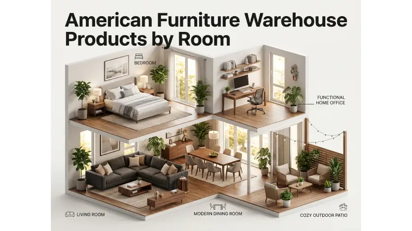 American furniture warehouse products organized by living room, bedroom, dining room, office, and patio