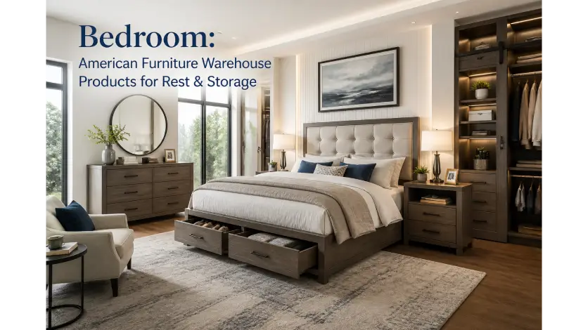 American furniture warehouse products for bedrooms with beds, dressers, nightstands, and storage furniture