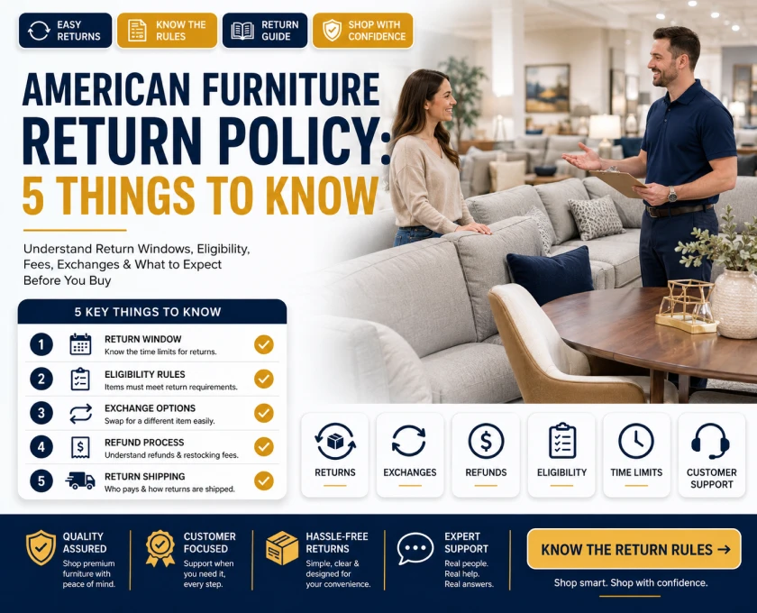 American furniture return policy guide explaining returns, exchanges, deadlines, fees, eligibility, and refund options.