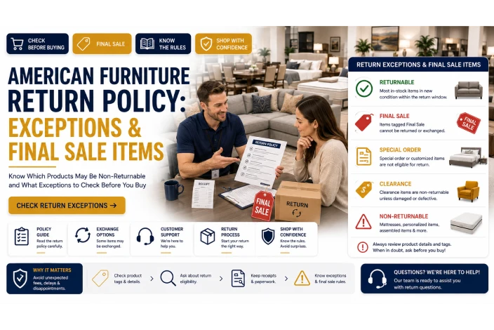 American furniture return policy explaining exceptions, final sale items, non-returnable furniture, and return conditions.