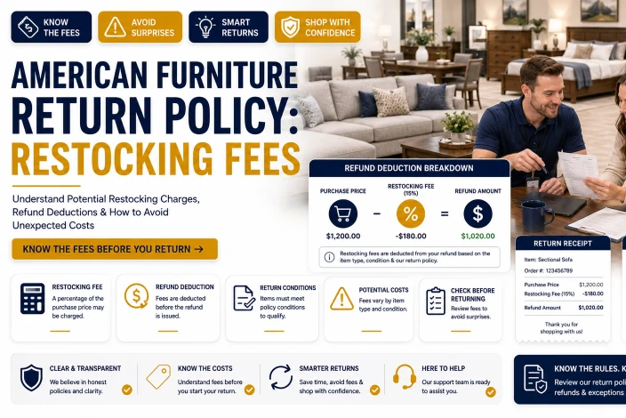American furniture return policy guide explaining restocking fees, refund deductions, return costs, and potential charges.