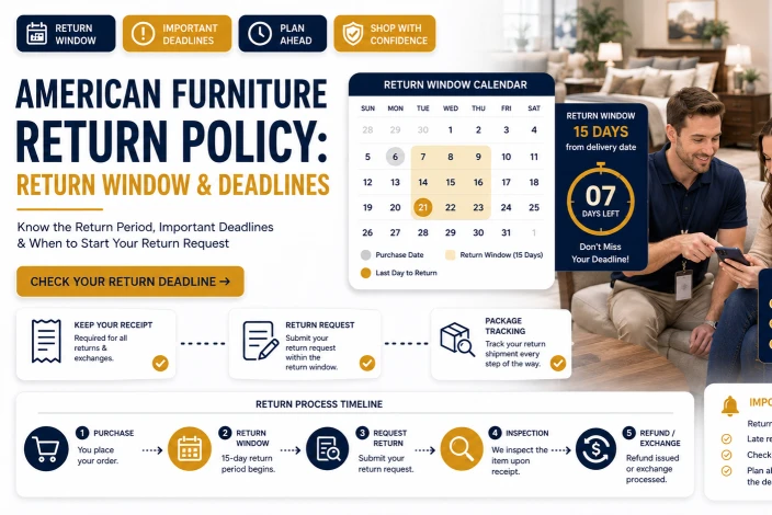 American furniture return policy showing return windows, important deadlines, request timing, and return process steps.