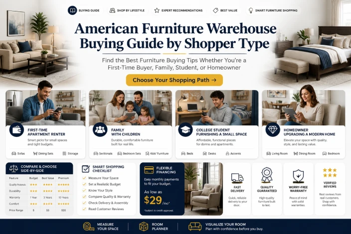 American furniture warehouse buying guide for first-time buyers, families, students, and homeowners with personalized furniture shopping tips.