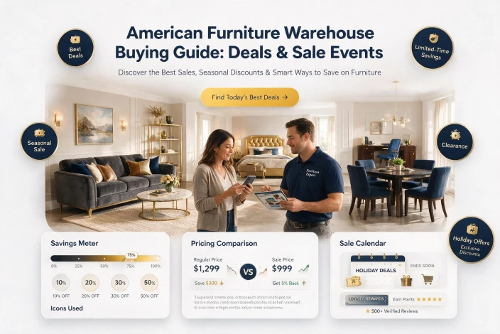 American furniture warehouse buying guide highlighting seasonal sales, clearance events, exclusive deals, and smart furniture shopping tips.