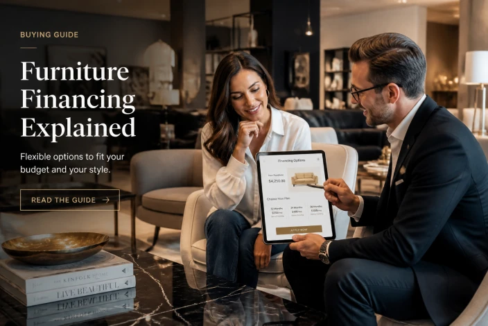 American furniture warehouse buying guide explaining financing plans, payment options, monthly installments, and budgeting for furniture purchases.