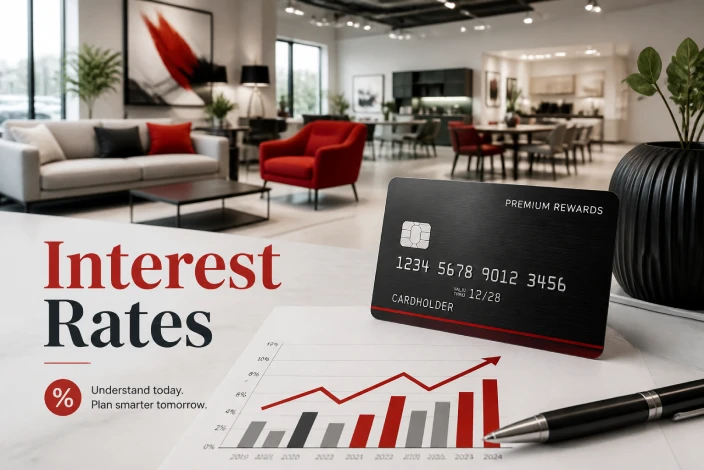 American furniture warehouse credit card overview comparing interest rates, APR, annual fees, and financing costs for furniture purchases.