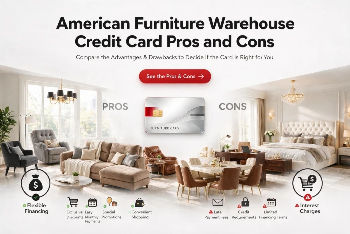 American furniture warehouse credit card pros and cons comparing financing benefits, rewards, interest charges, and card limitations.