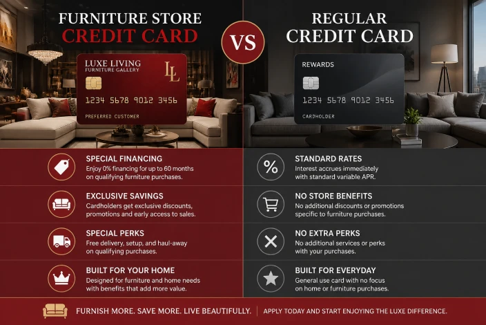 American furniture warehouse credit card versus a regular credit card comparison featuring financing, rewards, fees, and payment flexibility.