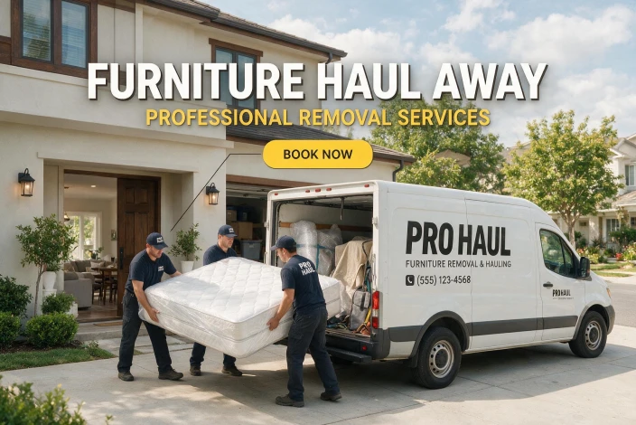 American furniture warehouse delivery haul-away service showing old furniture removal, eco-friendly disposal, and new furniture setup.