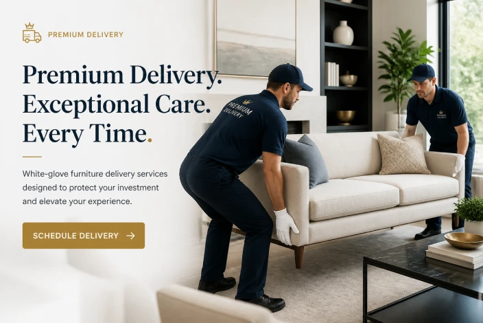 American furniture warehouse delivery with room placement and white-glove service featuring professional setup and furniture assembly.