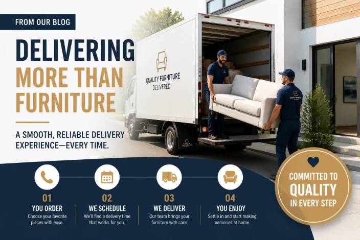 American furniture warehouse delivery timeline showing order processing, scheduling, tracking, and estimated delivery steps.