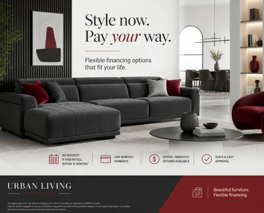American Furniture Warehouse Financing guide featuring flexible payment options, monthly financing plans, interest rates, and stylish living room furniture.