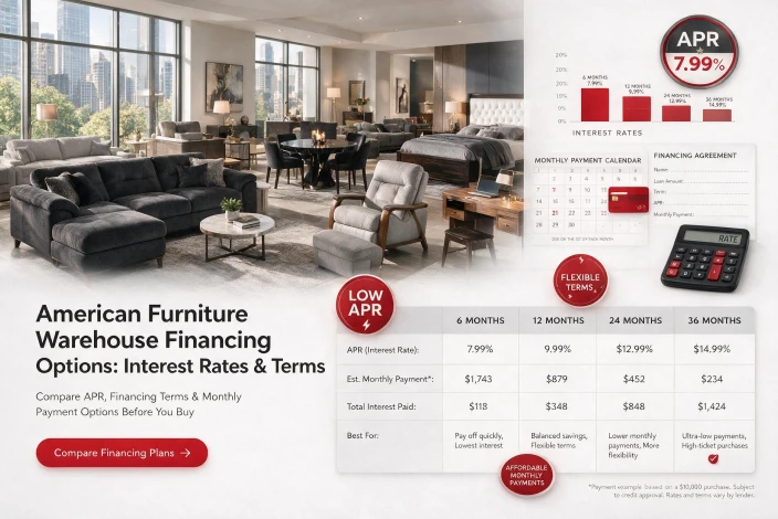 American Furniture Warehouse Financing overview comparing interest rates, financing terms, APR, and monthly payment options.
