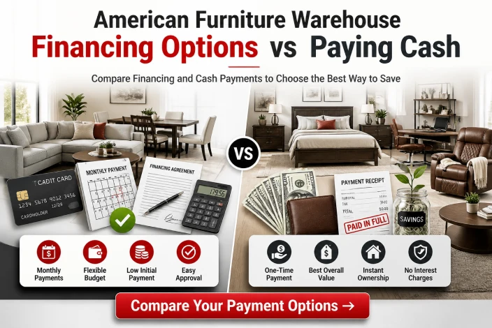 American Furniture Warehouse Financing versus paying cash comparison for buying furniture with flexible payment options and savings.