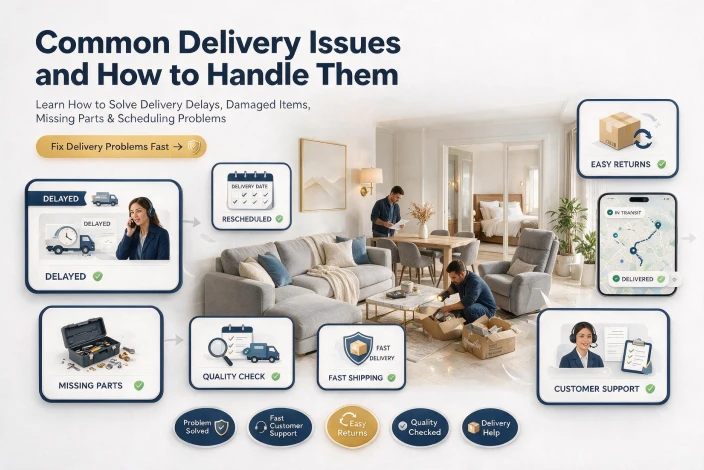 American furniture warehouse delivery guide covering common delivery issues, damaged items, delays, missing parts, and helpful solutions.