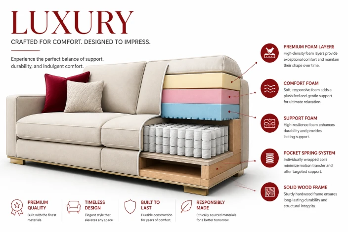 American furniture warehouse good quality cushion guide highlighting foam density, comfort, support, and long-lasting seating performance.