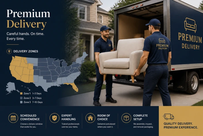 American furniture warehouse delivery coverage map showing service areas, delivery zones, and order availability across locations.