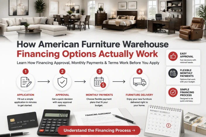 American Furniture Warehouse Financing process illustrating application, approval, monthly payments, and flexible financing terms.