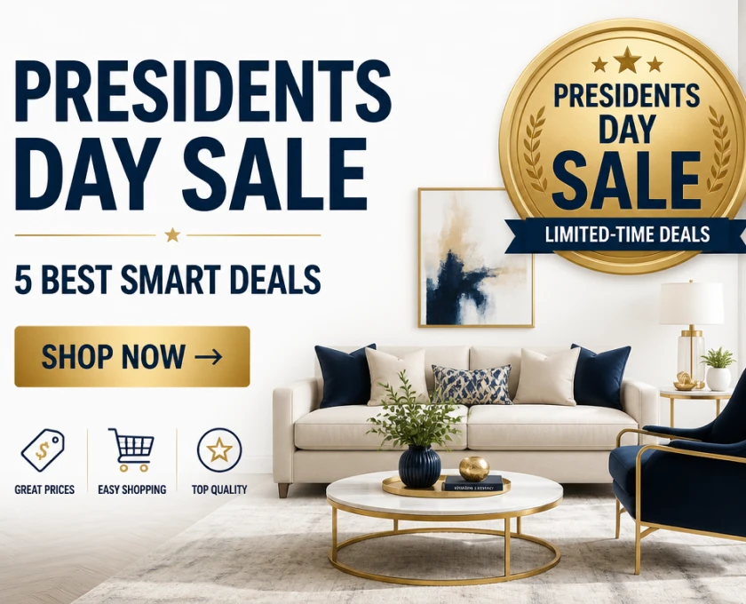 American furniture presidents day sale thumbnail featuring a premium modern living room, luxury furniture, limited-time sale badge, and smart Presidents Day furniture deals.