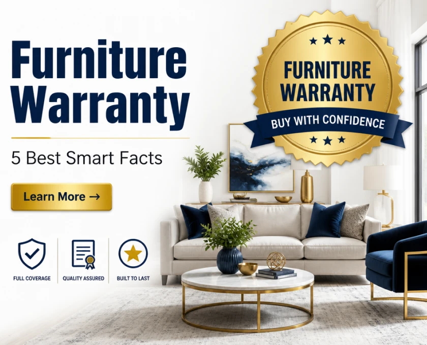 American furniture warranty feature image showing a premium modern living room, warranty protection badge, luxury furniture, and the 5 best warranty facts for smart buyers.