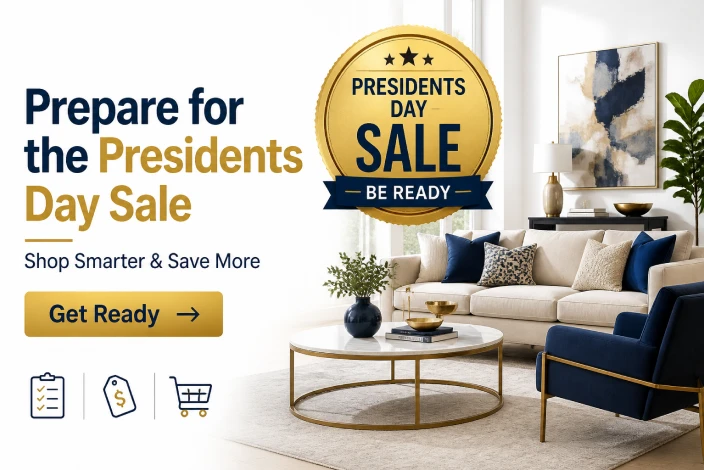 American furniture presidents day sale preparation guide thumbnail featuring a luxury living room, shopping checklist icons, premium furniture styling, and expert tips to save more during the sale.