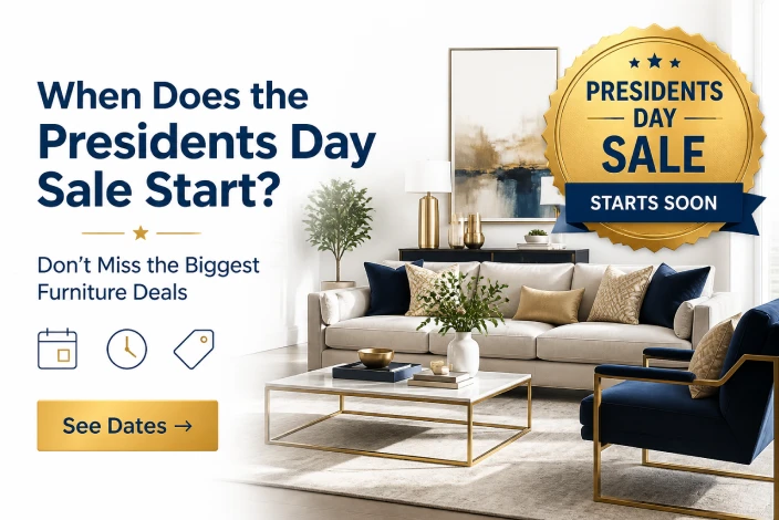 American furniture presidents day sale start date feature image showcasing a modern living room, stylish furniture, upcoming sale badge, and the best time to save on furniture.