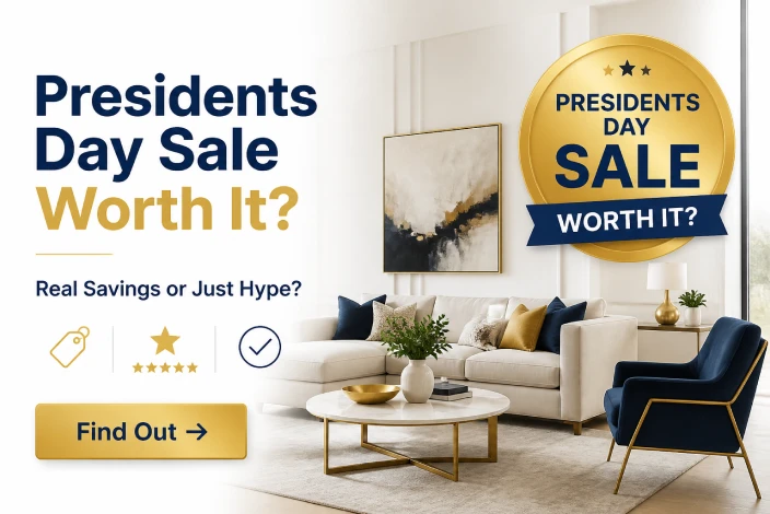 American furniture presidents day sale worth shopping blog thumbnail with an elegant living room, premium sofa, curiosity-driven sale badge, and realistic luxury home décor.