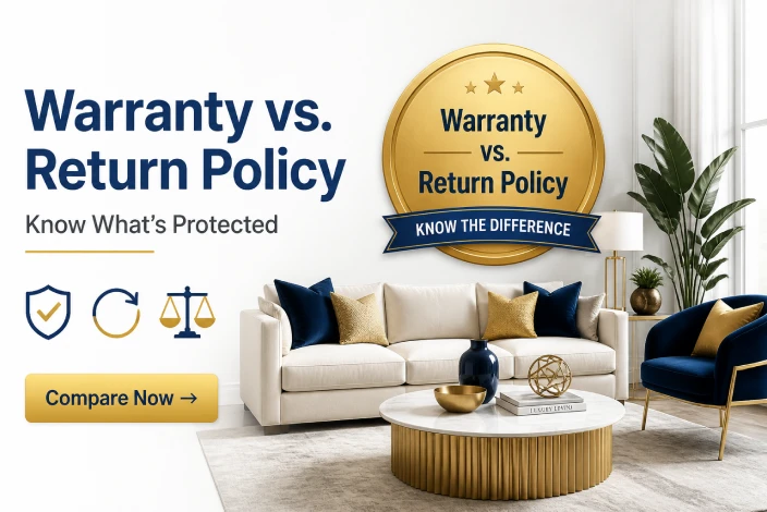 American furniture warranty vs. return policy blog thumbnail featuring a premium living room, warranty shield, return icon, and a clear comparison of furniture protection and return options.