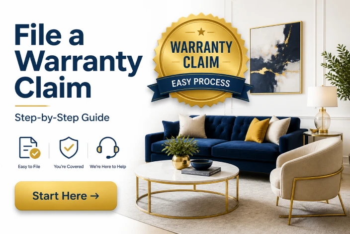 American furniture warranty claim guide image with a luxury living room, warranty claim badge, document checkmark, and step-by-step support for filing a claim.
