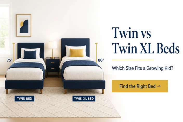 AFW kids teen furniture guide comparing Twin and Twin XL beds to help choose the right size for growing children and teenagers.