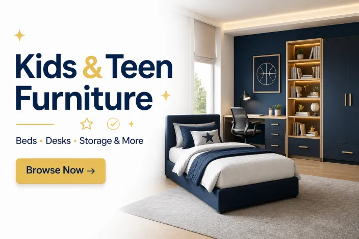 AFW kids teen furniture collection showing beds, desks, storage cabinets, and modern bedroom furniture options for growing kids and teens.