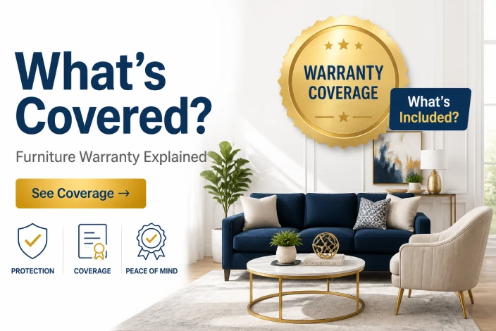 American furniture warranty coverage guide thumbnail featuring a stylish living room, shield protection icon, warranty badge, and what's included in furniture coverage.